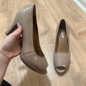 Clarks | Woman's Taupe Tan Patent Peep Toe Platform Pumps Heels, Size 9.5M